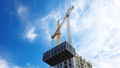 Construction site with cranes and building materials against a blue sky.