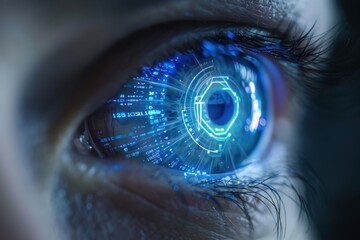 A close-up view of a human eye with a digital interface overlay, illustrating technology and human connection in a futuristic setting