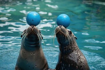 Two playful seals balancing a ball between them in a serene aquatic environment during a bright sunny day