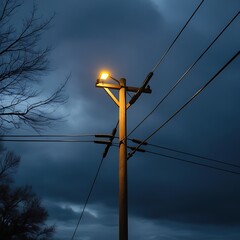 Landscape photograph featuring a wooden utility with wires and light on street, dark night with spart of utility lightbulb