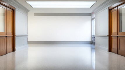 Obraz premium Bright and spacious hallway with wooden doors in a modern building