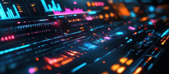 Futuristic digital interface with glowing lines, graphs, and data.