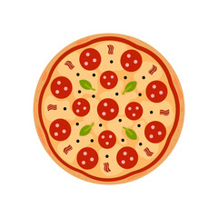 Vector whole tasty pizza italian fast food. Salami, peperoni. Delivery service fast food. Element illustration on white background. Top view.
