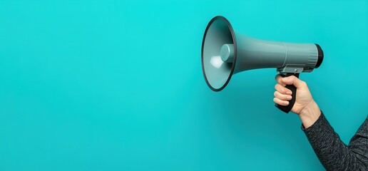 Hand Holding Megaphone Against Teal Background