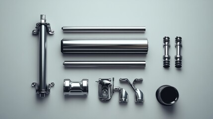 Flat lay of flat colored car exhaust pipe and clamps on simple gray background.