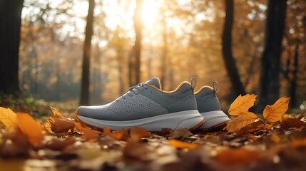 Gray athletic shoes rest on fallen autumn leaves in a sunlit park.