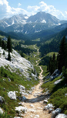 Fototapeta premium Winding mountain trail leading to scenic valley and majestic peaks under a bright sky.