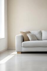 Naklejka premium Cozy modern living room featuring a light-colored sofa near a sunlit window