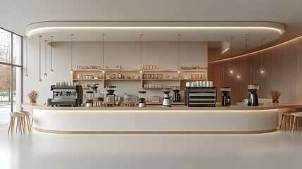 3D Stylish Coffee Shop Interior with Modern Furniture and Glossy Background