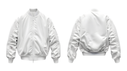 Plain white bomber jacket mockup, Front and back view isolated on a transparent background