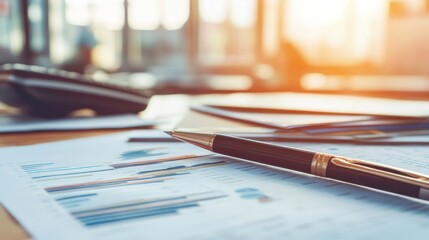Close-Up of Business Documents and a Pen on an Office Desk with Warm Light, Showing Data Analysis, Financial Reports, and Professional Workspace Environment