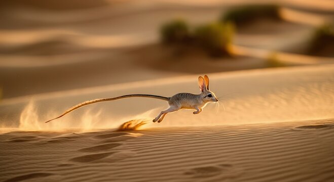 Agile jerboa leaping through golden desert dunes in striking evening light