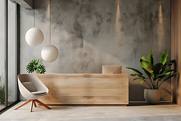A modern reception area featuring sleek wooden desk, minimalist white chair, and decorative plant. warm tones and clean lines create welcoming atmosphere 