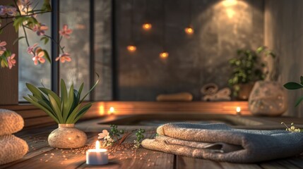 Relaxing Spa Bathroom with Soft Lighting and Natural Elements