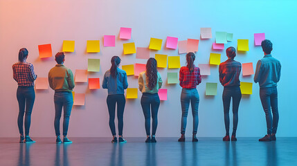 Obraz premium 3D Team Collaboration with Post-it Notes and Digital Screens in Brainstorming Session