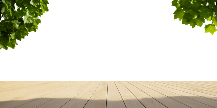 outdoor deck wooden floor with plant, open space, wood table top on transparent white background for product display stage. cutout png