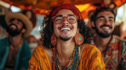 Fototapeta premium A joyful group of friends enjoying a vibrant outdoor setting, showcasing cultural attire and accessories.