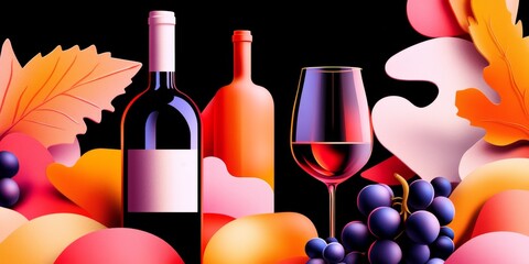 Autumnal Wine Tasting: Red wine bottles and a glass, surrounded by grapes and autumn leaves in a vibrant, stylized illustration. Perfect for wine labels, menus, or fall-themed designs.