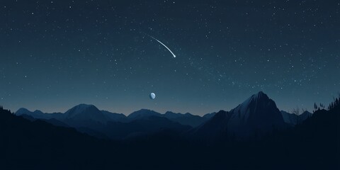 A stunning night view of the moon and stars above a desert, with a shooting star streaking across the sky, perfect for a wallpaper or commercial backdrop, offering a serene and expansive celestial sce