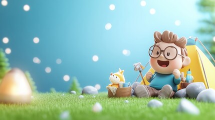 Fototapeta premium Joyful Cartoon Character Enjoying Camping in a Colorful 3D Scene
