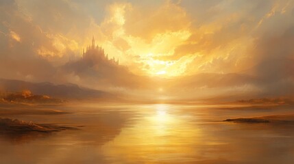 Obraz premium Golden Sunset Over a Lake with a Distant Castle