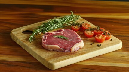 Fresh Raw Meat with Rosemary and Cherry Tomatoes on a Wooden Cutting Board Ready for Cooking Gourmet Dish Preparation in a Kitchen Setting