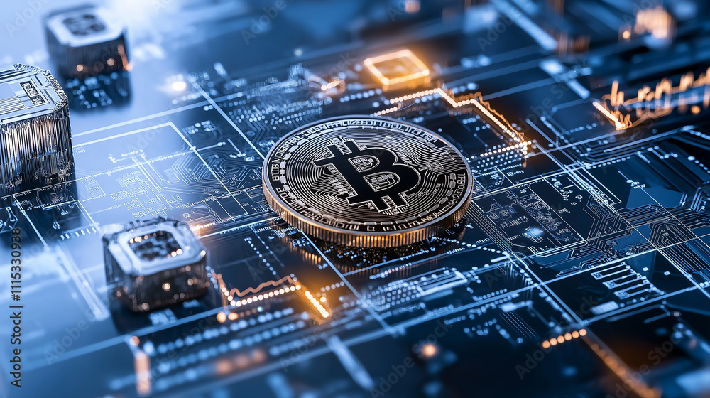 Leinwandbilder detailed digital representation of bitcoin on circuit board, showcasing technology and finance. imag