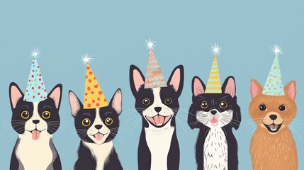 Fototapeta premium Adorable Party Dogs Celebrating with Colorful Hats and Joyful Faces