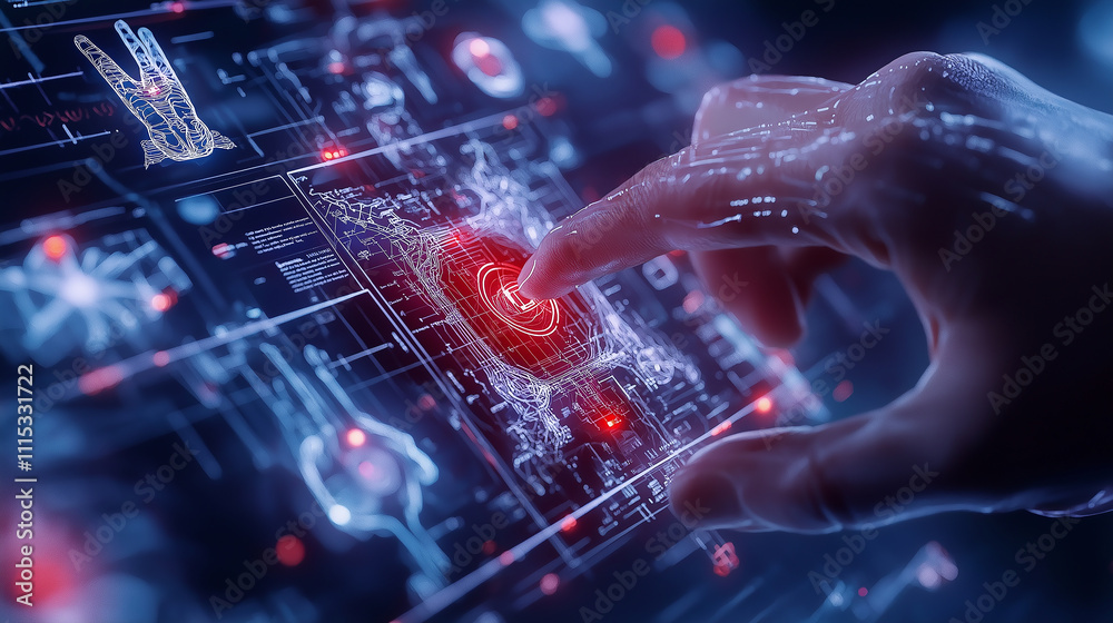 Aufkleber futuristic medical interface with hand interacting with digital data, showcasing advanced technology