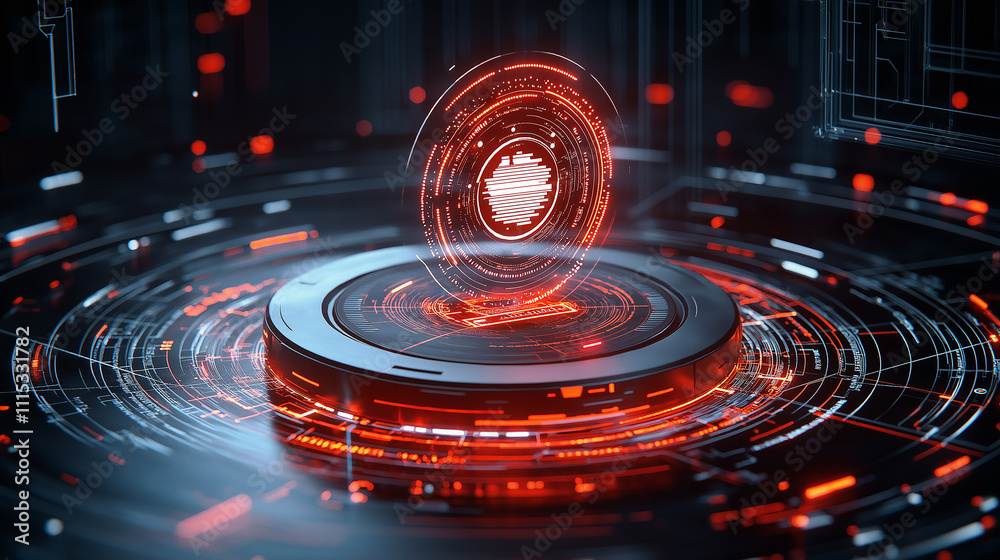 Poster futuristic digital payment system with glowing red and orange elements, showcasing advanced technology and data visualization. intricate design evokes sense of innovation and security