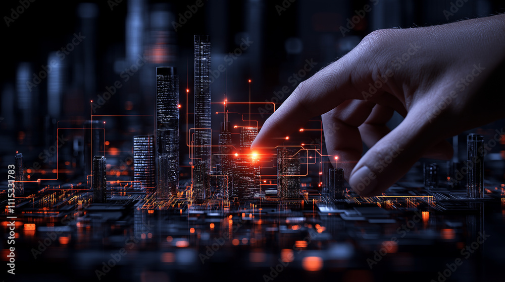 Poster futuristic hand interacting with digital cityscape, showcasing technology and innovation. glowing elements create sense of connection and advancement
