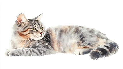 Striped cat lounging comfortably in artistic watercolor style