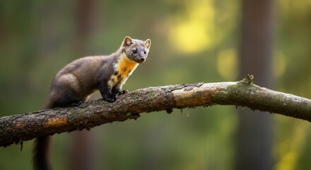 Obraz premium Curious pine marten on a forest branch in sunlit woodland setting