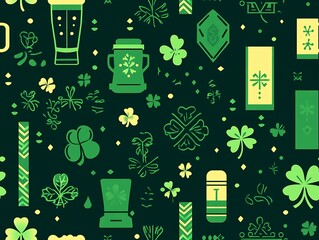 St. Patrick's Day background with a green pattern beer glass, shamrock leaves