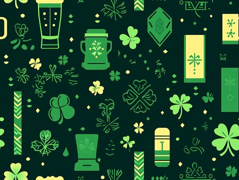St. Patrick's Day background with a green pattern beer glass, shamrock leaves