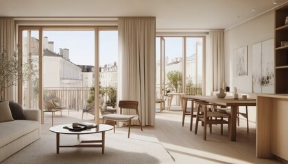 Fototapeta premium Tranquil Urban Oasis: Luxurious Apartment with Balcony and Cityscape View