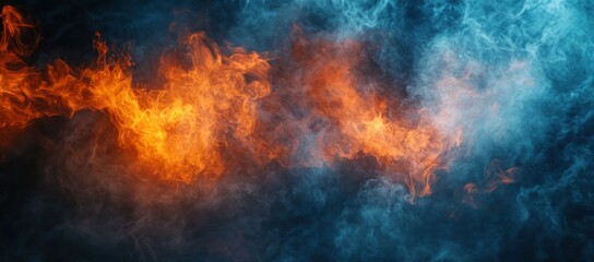 Fiery Abstract: A Dance of Orange and Blue Flames in Smoky Canvas