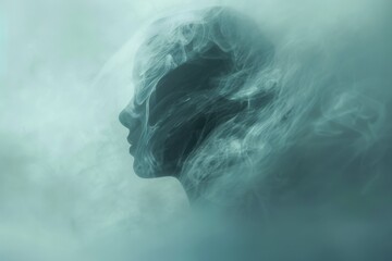 A mysterious figure shrouded in white fabric stands amidst the misty woods at twilight, creating an eerie atmosphere in the forest