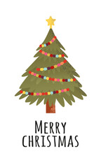 Merry Christmas card with christmas tree isolated on white background  with text. Vector flat design