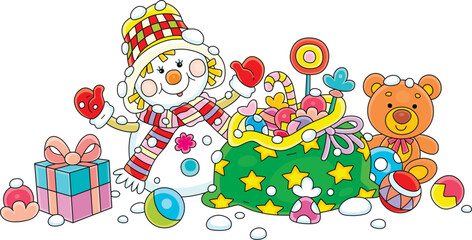 Obraz premium Cute snowman and its bag full of winter holiday gifts with toys and sweets for little kids, vector cartoon illustration on a white background