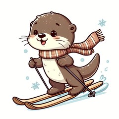 Cute Otter Playing Ski Cartoon Vector Icon Illustration