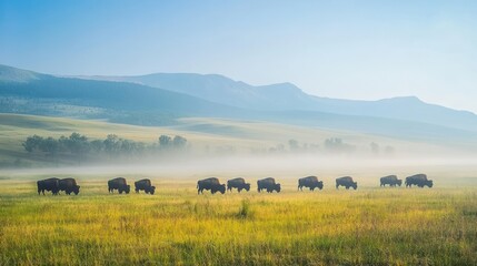 Obraz premium A majestic herd of bison grazing on the plains, with a distant mountain range in the background