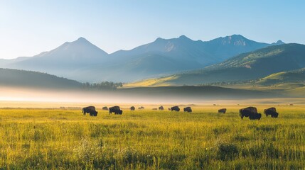Obraz premium A majestic herd of bison grazing on the plains, with a distant mountain range in the background