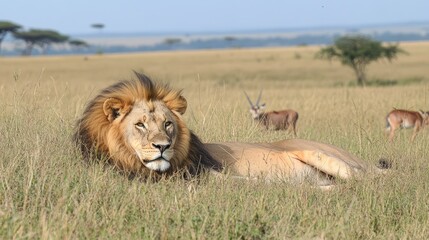 A majestic lion resting in the tall grass of the savannah, with its golden mane glowing in the sunlight