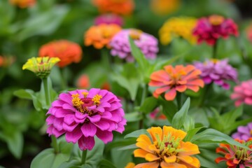 Obraz premium Vibrant display of zinnias blooming in a lush garden with a striking blue background during daytime, showcasing nature's colorful palette