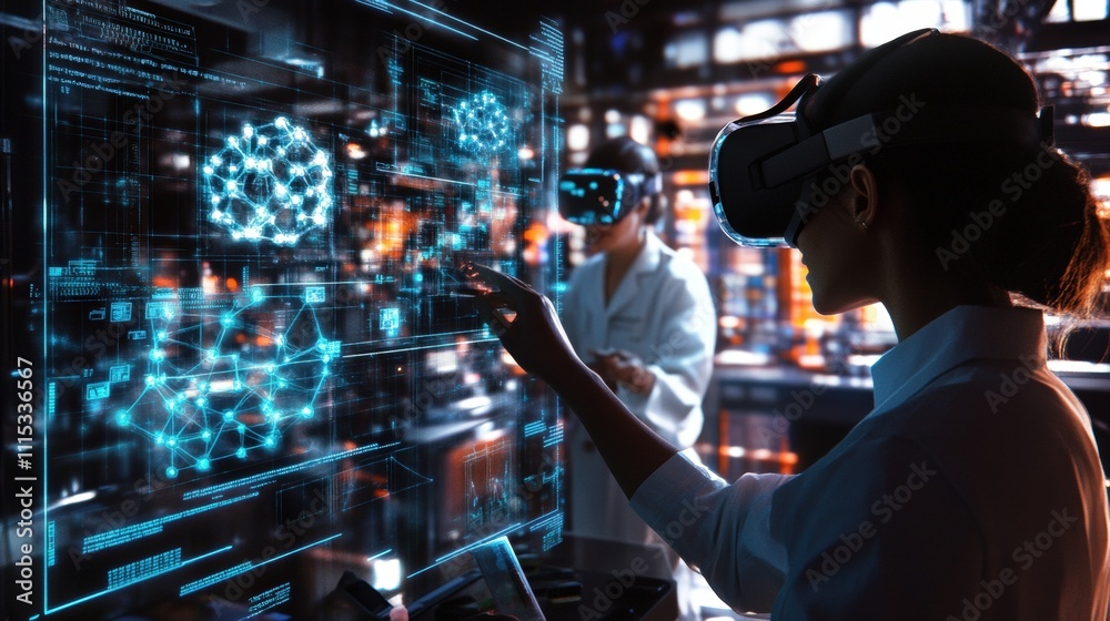 Poster scientists exploring virtual reality to visualize data and analyze complex information.