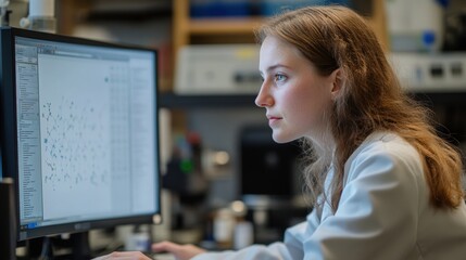 Young scientist analyzing data on a computer in a modern laboratory setting.