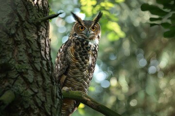 Fototapeta premium A majestic owl perched on a tree branch under a dramatic sky filled with clouds during twilight, showcasing nature's beauty and tranquility