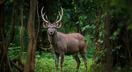Majestic deer in lush forest habitat for wildlife and nature conservation themes