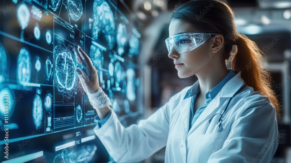 Poster a scientist interacts with advanced touchscreen technology in a lab environment.